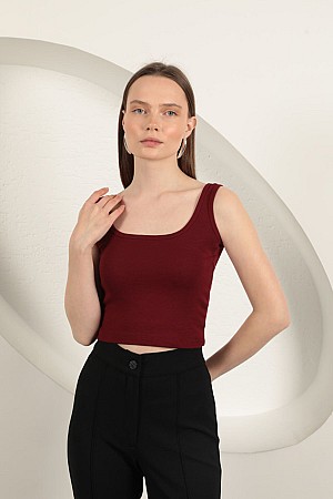 Çilek Viskon Kumaş Askılı Crop-Bordo