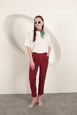 Modal Kumaş Duble Paça Kadın Pantolon-Bordo