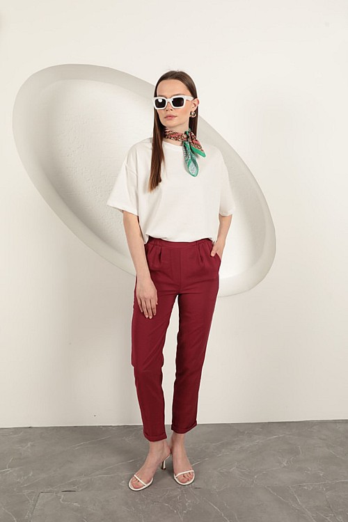 Modal Kumaş Duble Paça Kadın Pantolon-Bordo