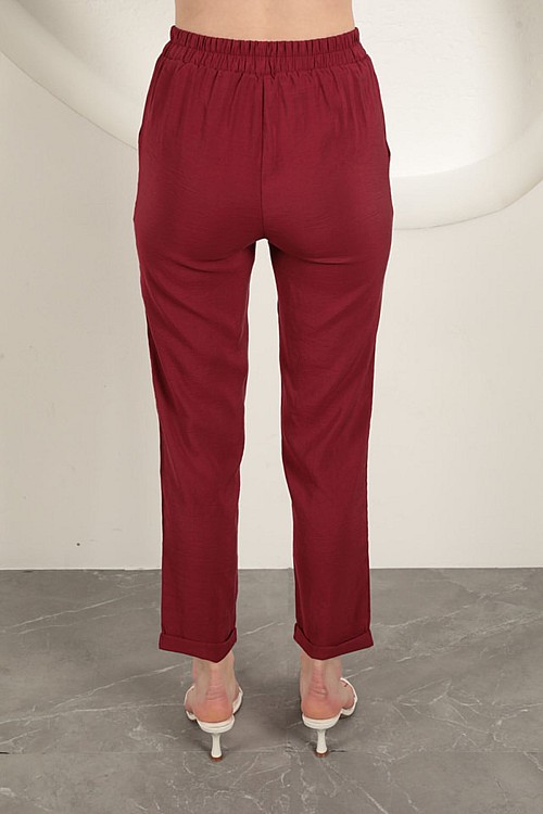 Modal Kumaş Duble Paça Kadın Pantolon-Bordo
