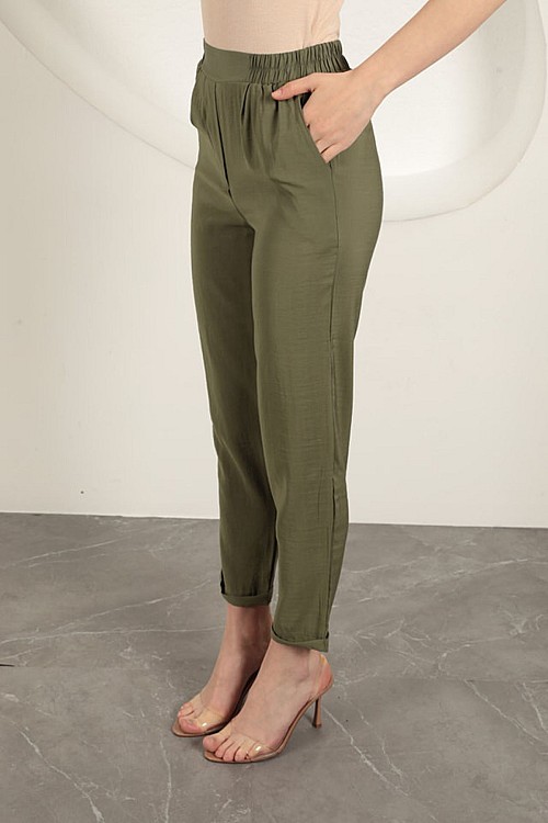 Modal Kumaş Duble Paça Kadın Pantolon-Haki