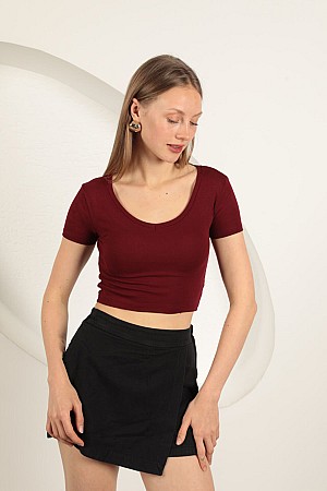 Çilek Viskon Kumaş V Yaka Basic Tişört-Bordo