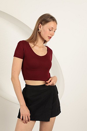 Çilek Viskon Kumaş V Yaka Basic Tişört-Bordo