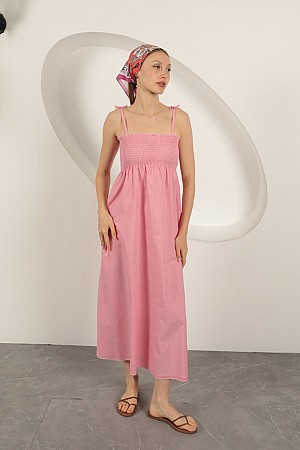 Örme Kumaş Gipeli Askılı Elbise-Pembe