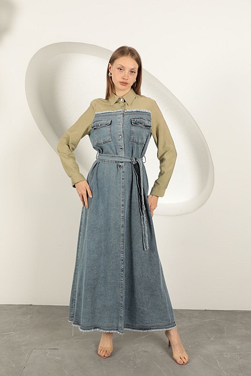 Denim Kumaş Garnili Elbise-Haki
