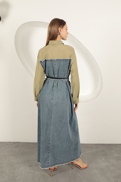 Denim Kumaş Garnili Elbise-Haki