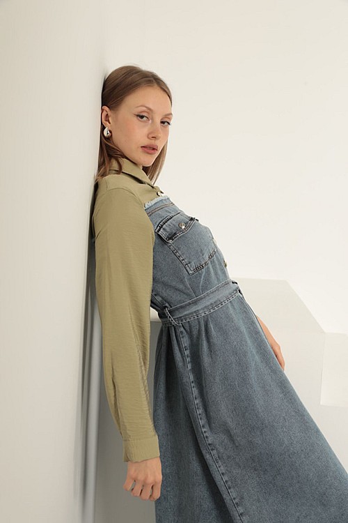 Denim Kumaş Garnili Elbise-Haki