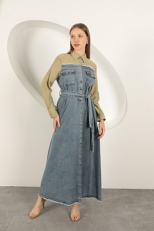 Denim Kumaş Garnili Elbise-Haki