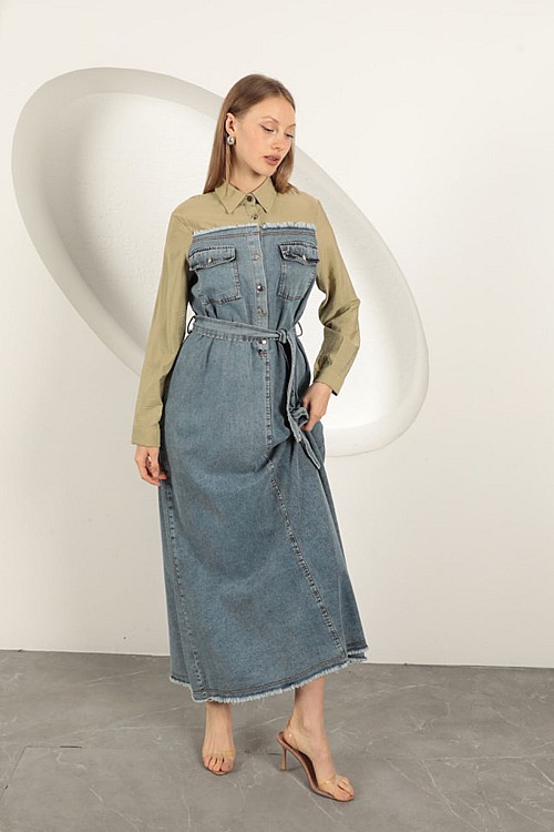 Denim Kumaş Garnili Elbise-Haki