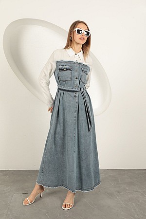 Denim Kumaş Garnili Elbise-Ekru