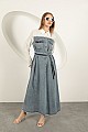 Denim Kumaş Garnili Elbise-Ekru