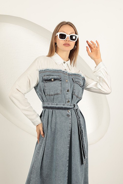 Denim Kumaş Garnili Elbise-Ekru