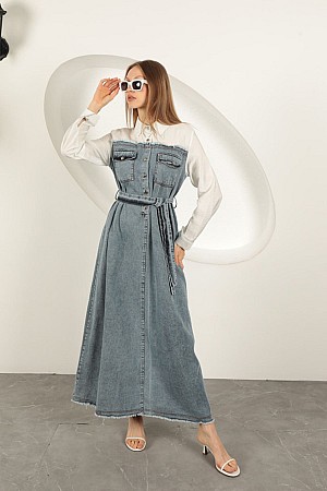 Denim Kumaş Garnili Elbise-Ekru