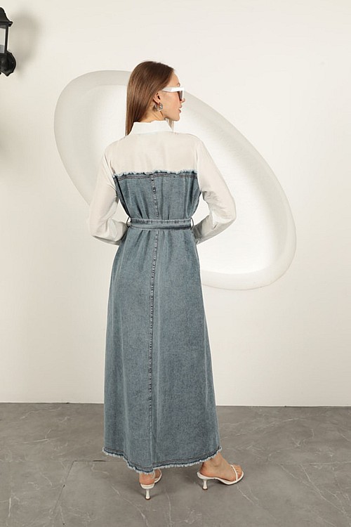 Denim Kumaş Garnili Elbise-Ekru