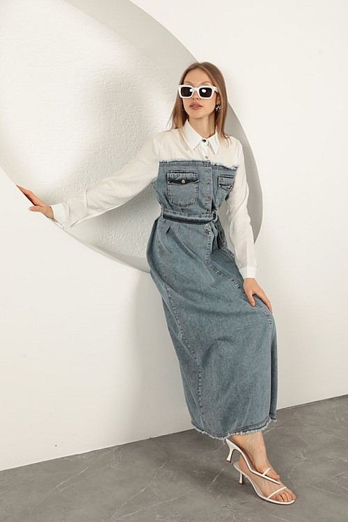 Denim Kumaş Garnili Elbise-Ekru