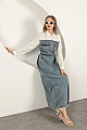 Denim Kumaş Garnili Elbise-Ekru