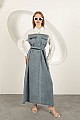 Denim Kumaş Garnili Elbise-Ekru