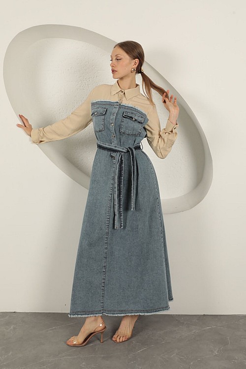 Denim Kumaş Garnili Elbise-Bej