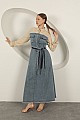 Denim Kumaş Garnili Elbise-Bej