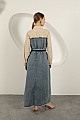 Denim Kumaş Garnili Elbise-Bej