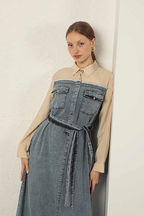 Denim Kumaş Garnili Elbise-Bej