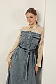 Denim Kumaş Garnili Elbise-Bej