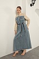 Denim Kumaş Garnili Elbise-Bej