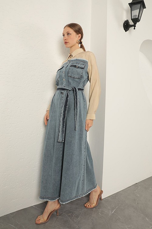 Denim Kumaş Garnili Elbise-Bej