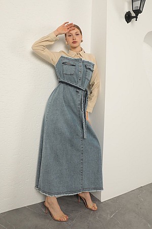 Denim Kumaş Garnili Elbise-Bej