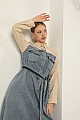 Denim Kumaş Garnili Elbise-Bej