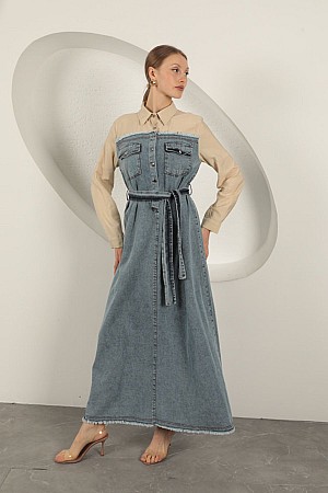 Denim Kumaş Garnili Elbise-Bej