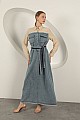 Denim Kumaş Garnili Elbise-Bej