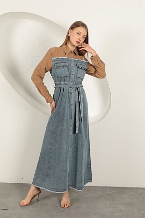 Denim Kumaş Garnili Elbise-Kahve