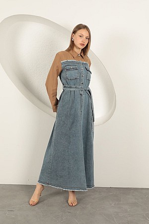 Denim Kumaş Garnili Elbise-Kahve
