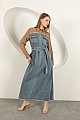 Denim Kumaş Garnili Elbise-Kahve