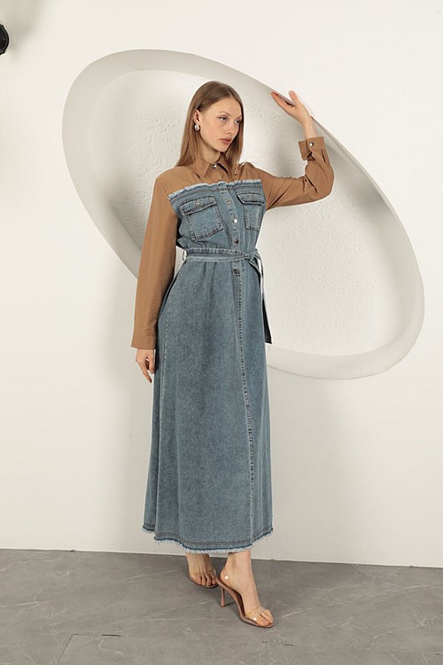 Denim Kumaş Garnili Elbise-Kahve