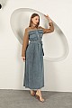 Denim Kumaş Garnili Elbise-Kahve