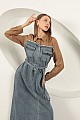 Denim Kumaş Garnili Elbise-Kahve