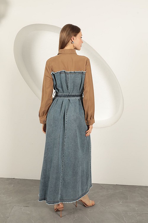 Denim Kumaş Garnili Elbise-Kahve