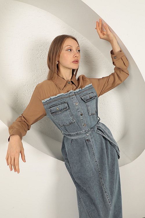 Denim Kumaş Garnili Elbise-Kahve