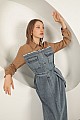 Denim Kumaş Garnili Elbise-Kahve
