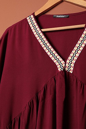 Viskon Kumaş Yakası Kolu Şerit Detaylı Elbise-Bordo