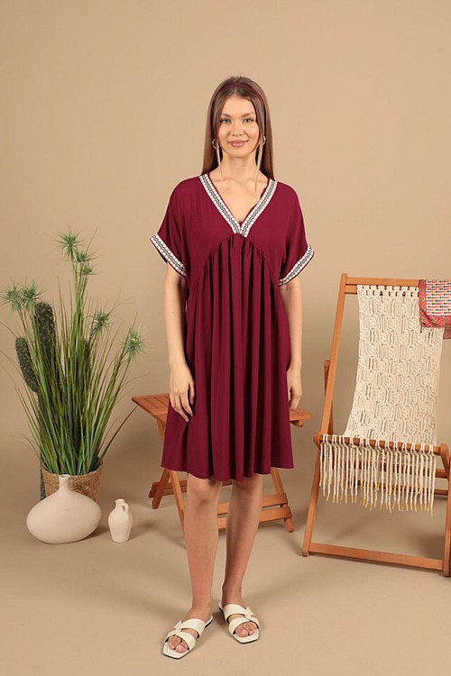 Viskon Kumaş Yakası Kolu Şerit Detaylı Elbise-Bordo
