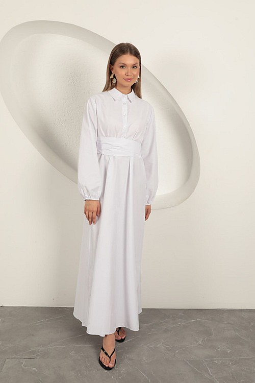Poplin Kumaş Bağlama Detaylı Elbise-Beyaz