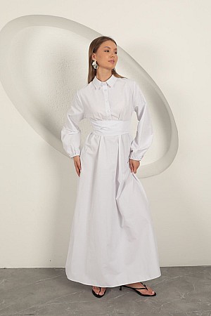 Poplin Kumaş Bağlama Detaylı Elbise-Beyaz