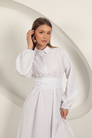 Poplin Kumaş Bağlama Detaylı Elbise-Beyaz