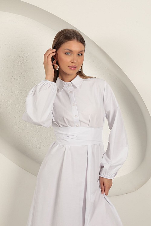 Poplin Kumaş Bağlama Detaylı Elbise-Beyaz