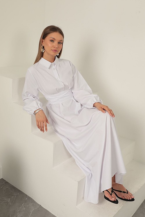 Poplin Kumaş Bağlama Detaylı Elbise-Beyaz