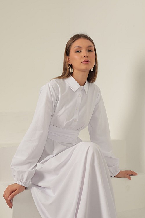 Poplin Kumaş Bağlama Detaylı Elbise-Beyaz
