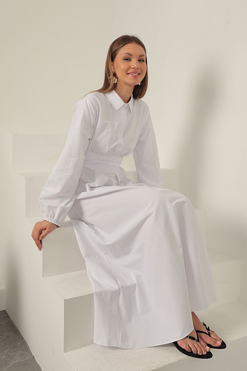 Poplin Kumaş Bağlama Detaylı Elbise-Beyaz